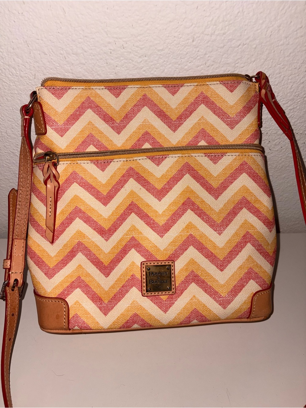 Dooney & Bourke Pink and Yellow Chevron Canvas Crossbody